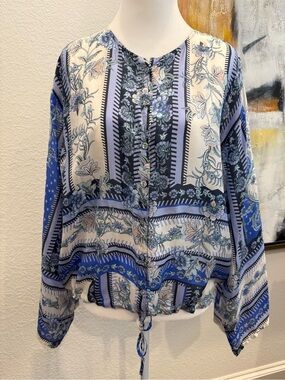 Johnny Was Blue and Cream Floral Silk Button-Front Top, size L